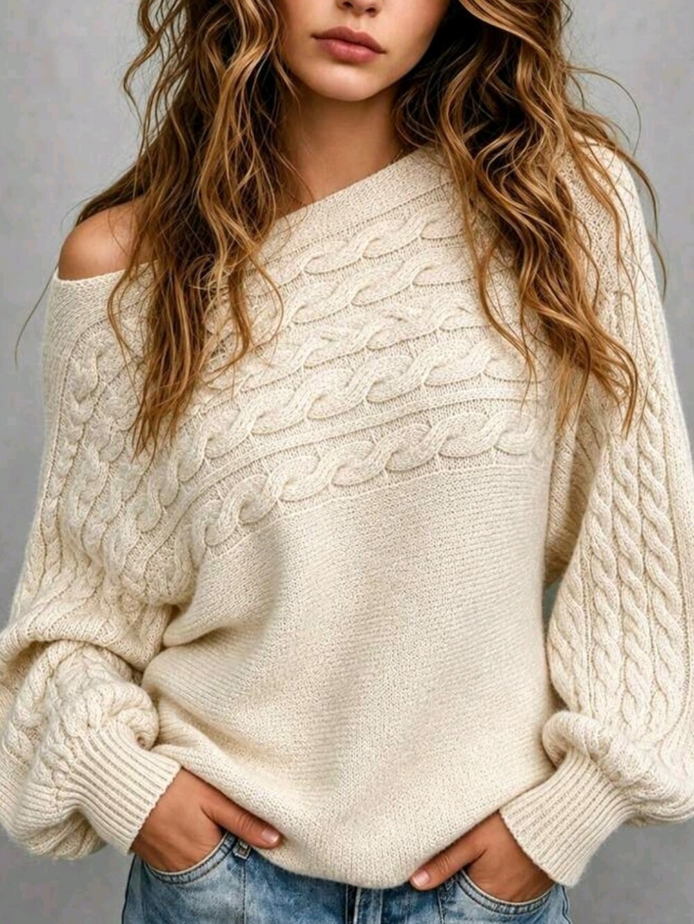 White Slanted Off Shoulder Twisted Cable Knit Loose Lantern Long Sleeve Cr